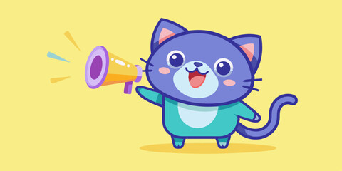 Cute Cartoon Cat with Megaphone in Pastel Colors – Yellow-Themed Adorable Illustration