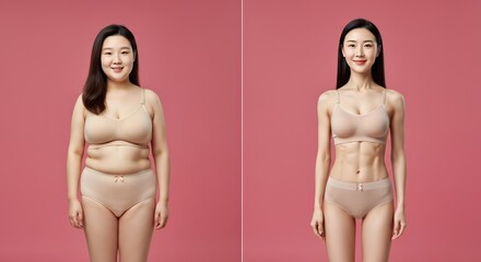 Transformation journey of asian female adults in fitness and body image on pink background