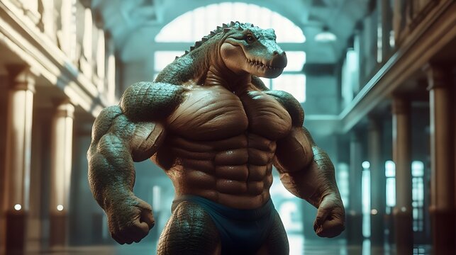 3D render of a muscular crocadile bodybuilder in a cinematic Unreal Engine style. Fusion of Strength, Power, and Artistic Visualization with Nature. Cartoon Bodybuilder Crocadile Mascots anima illistu
