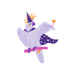 Vector illustration of purple cockatoo parrot in wizard costume.