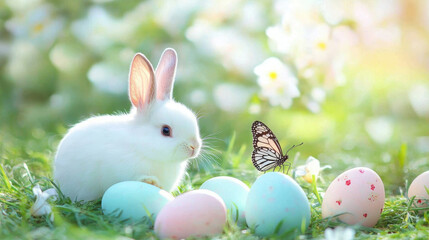 Fototapeta premium Cute white rabbit sits beside colorful Easter eggs and butterfly, creating joyful spring scene