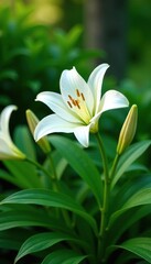 Fototapeta premium Delicate white lily blooms amidst lush green foliage, garden, petals, flowers