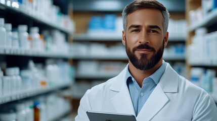 Fototapeta premium Pharmacy professional assisting customers with medication advice and support in a modern drugstore environment