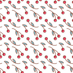 A charming seamless pattern featuring adorable cherry doodles, showcasing intricate details and vibrant colors. Perfect for various design projects, adding a playful touch to any setting.