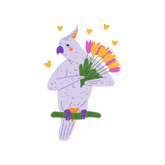 Vector illustration of lilac cute cockatoo parrot with flowers and hearts.