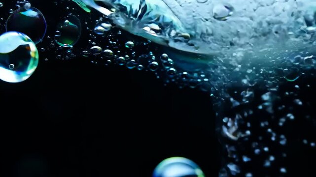 Holographic rainbow colored soap bubbles flowing in liquid water or oil on the black background