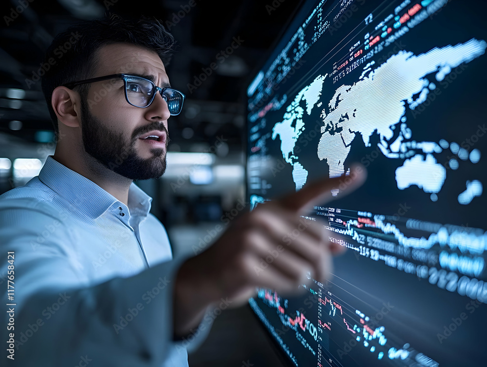 Poster analyst reviewing global data on interactive screen, office background