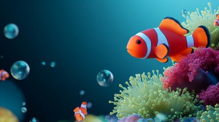 Fototapeta premium Ocean Life: Clownfish and Coral Reef - Vibrant clownfish swims near coral, bubbles float, symbolizing peace, beauty, ocean life, underwater world, and nature.