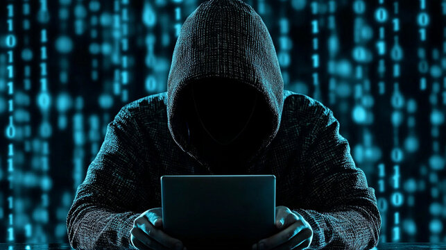 hooded figure using tablet in digital matrix background, symbolizing cybersecurity threats