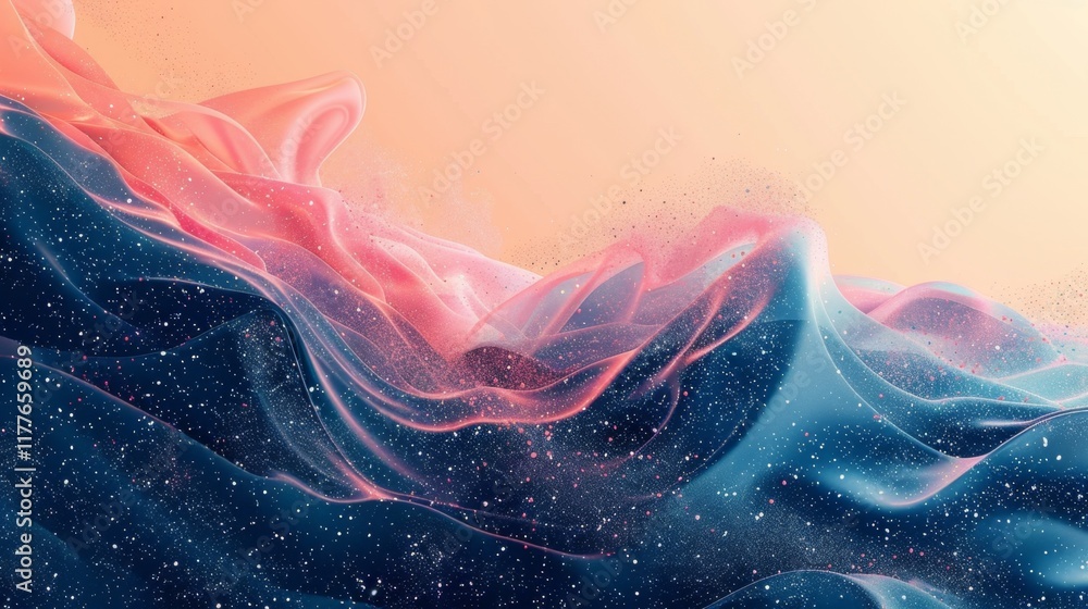 Poster waves of color blend in a dreamy abstract composition with soft textures and subtle sparkles