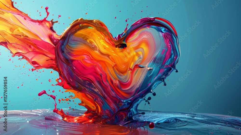 Poster vibrant heart shape created with colorful paint splashes in an artistic and creative display