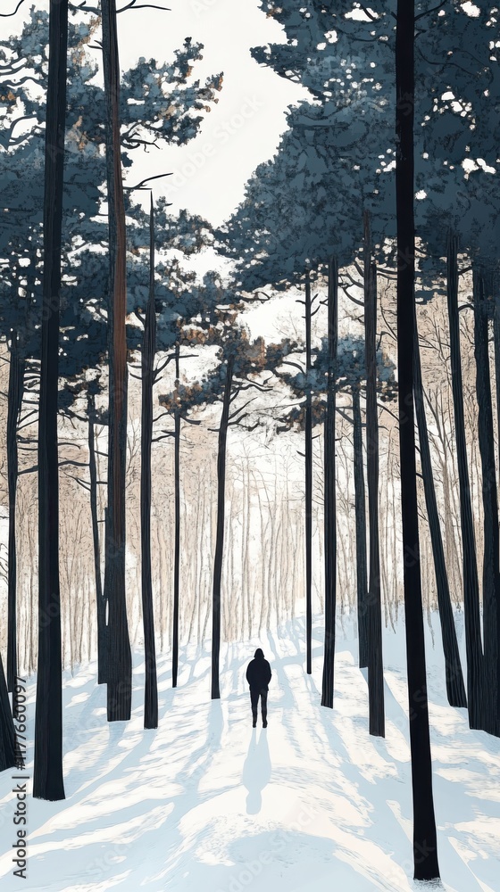 Poster individual walking through a winter forest surrounded by tall trees on a snowy pathway during daylig