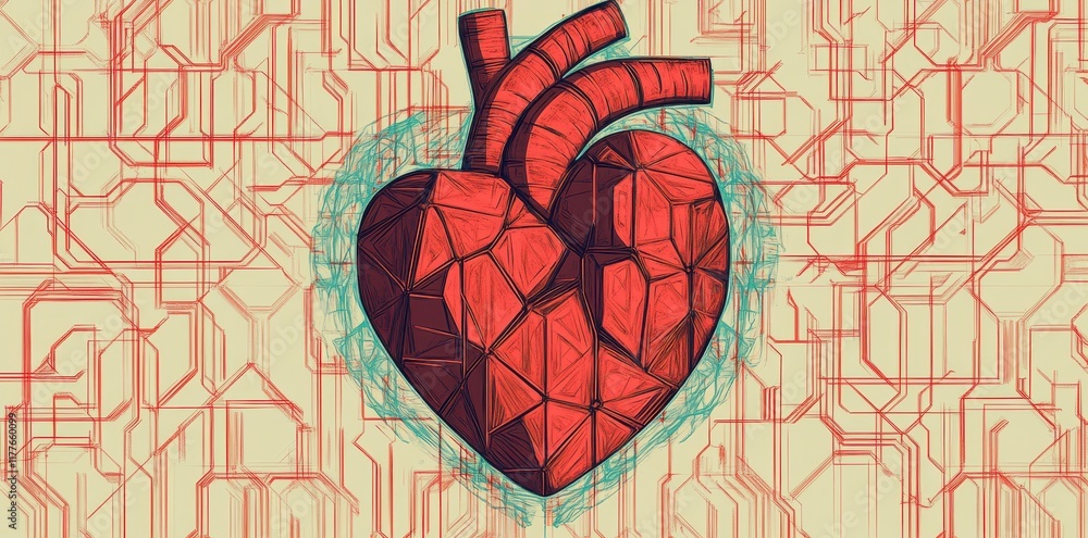 Poster geometric heart design within circuitry pattern