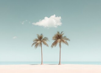 A minimalist and whimsical design with two palm trees on an island, summer background