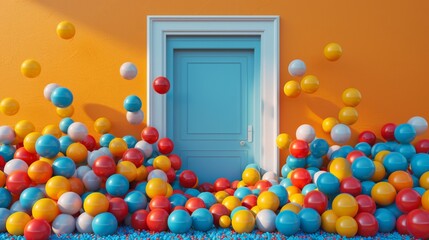 Fototapeta premium Colorful balls gather around a bright blue door against an orange wall in a playful setting