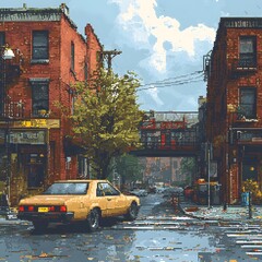 Pixel Art Homage to Iconic Arcade Scene with Rainy Urban Cityscape and Expressive Characters