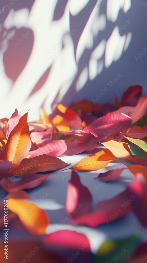 Poster Vibrant close-up of colorful fallen leaves scattered on a surface illuminated by soft light