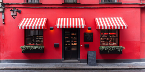 A storefront with red walls and striped red and white awnings above large windows.