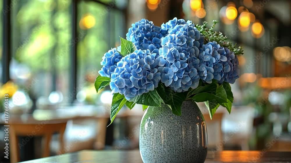 Poster a vibrant bouquet of blue hydrangeas sits in a vase on a table at a restaurant. the inviting atmosph