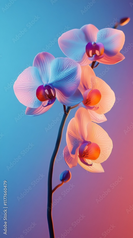 Poster close-up of a blooming orchid showcasing vibrant colors against a soft gradient background at golden
