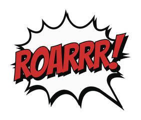 Bold red ROARRR text explodes from jagged white speech bubble, isolated. Classic comic book style design with dramatic lettering and dynamic burst shape. Energetic pop art impact.
