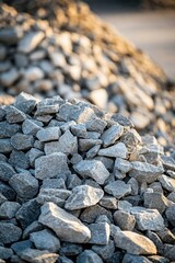 Gravel piles stacked in a construction site during sunset, highlighting the texture and color of the stones