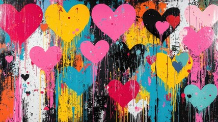 Valentine's street art mural with graffiti-style hearts, bold colors, and urban grunge textures,...