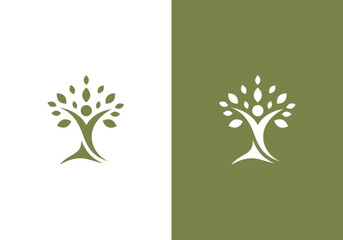 line art nature logo vector design of tree and man or person inside circle, abstract tree logo symbol inside circle	