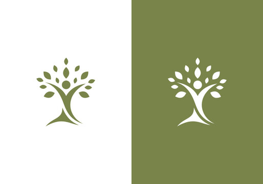 line art nature logo vector design of tree and man or person inside circle, abstract tree logo symbol inside circle	