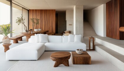 Modern Minimalist Living Room Interior Design with White Sectional Sofa and Wooden Coffee Tables