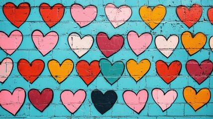 Valentine's street art mural with graffiti-style hearts, bold colors, and urban grunge textures,...