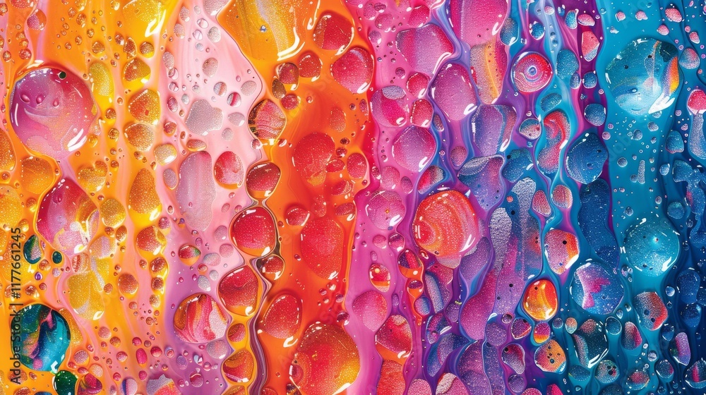 Poster colorful abstract pattern showing droplets on a vibrant background reflecting light and creating dep