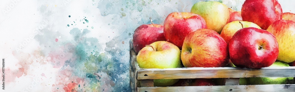 Poster close-up of vibrant red and green apples in a wooden crate against a colorful watercolor background