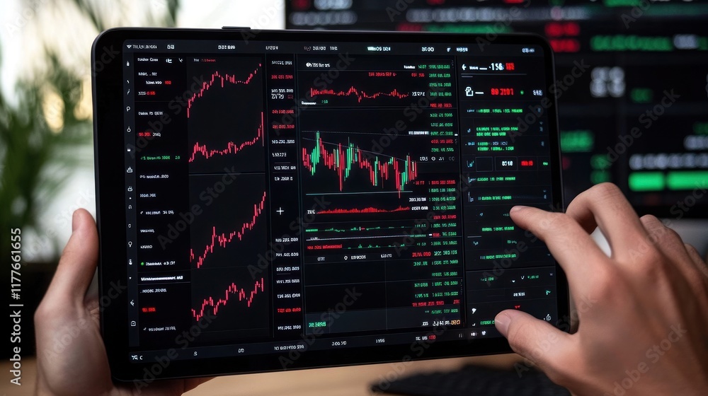 Poster hands holding tablet with financial data and stock market charts displayed on screen in a modern wor