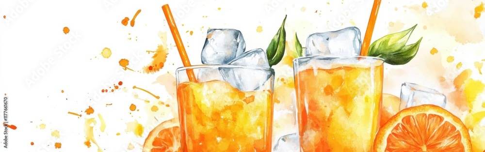 Poster refreshing close-up of a vibrant orange beverage with ice in a watercolor setting