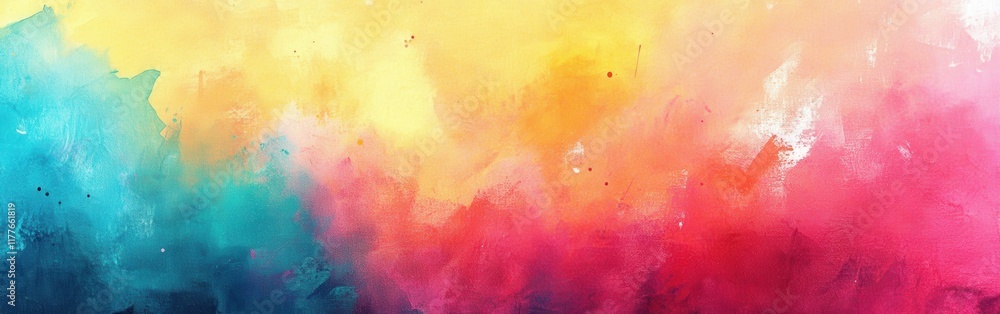 Poster close-up of a vibrant watercolor background with shades of blue, yellow, and pink creating a dynamic