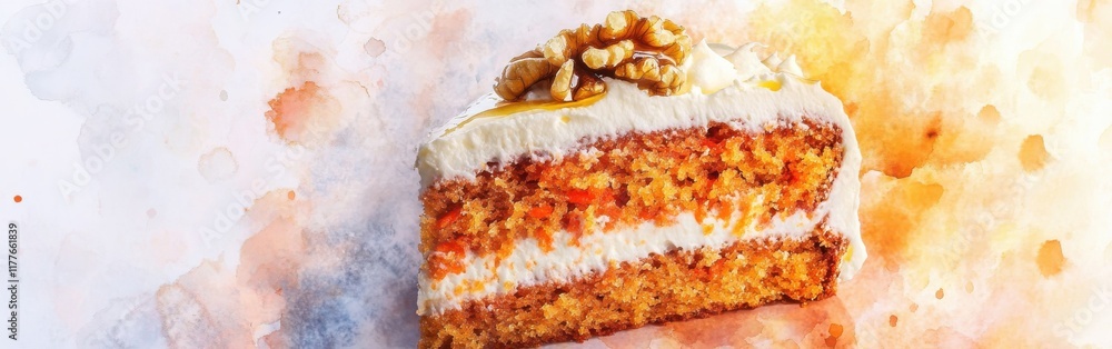 Poster Close-up of delicious carrot cake with creamy frosting and walnuts on a colorful watercolor background