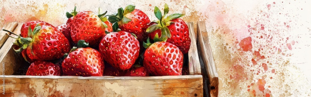Poster fresh strawberries displayed in a rustic wooden basket on a soft watercolor background