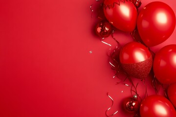 Bright Red Balloons and Festive Decor - Red balloons, shiny ornaments, and silver ribbons on a bright red background. Symbolizing celebration, joy, festivity, luxury, and passion.