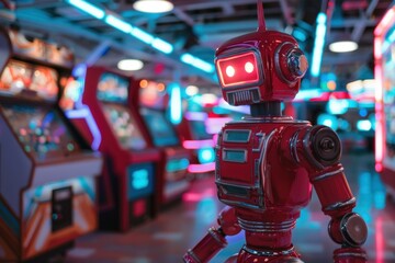 Red robot standing in an arcade with glowing lights
