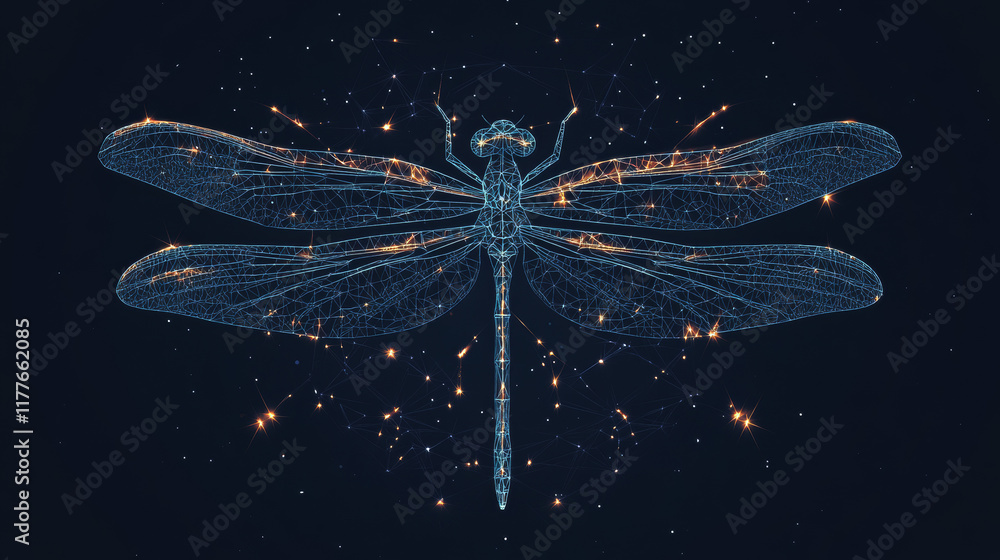 Poster dragonfly consists of points, lines and triangles. the polygon shape in the form of a silhouette of 