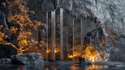 Modern sculpture featuring reflective pillars and natural elements amidst a rocky terrain during...