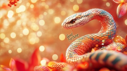 Obraz premium Cheerful snake with colorful scales, holding a 