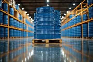 Blue industrial barrels stored in a large warehouse showcasing organized inventory management during a daytime operation