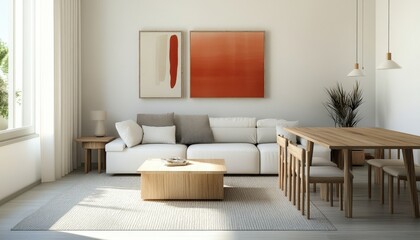 Modern Minimalist Living Room Interior Design with Wooden Furniture and Abstract Art