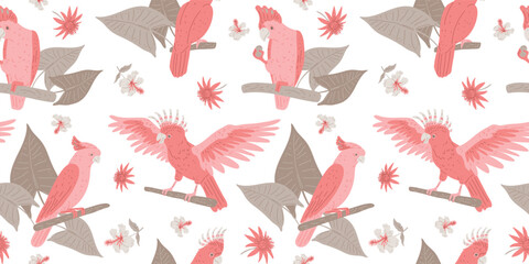 Vector illustration of seamless pattern with red cockatoo parrots with tropical leaves and flowers.