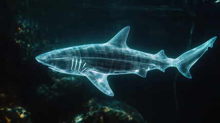 Fototapeta premium Hologram shark. A holographic projection of a shark. Flickering energy flux of particles. Scientific design water world.