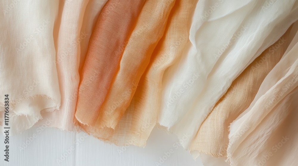 Poster soft pastel fabrics in amber and coral hues gently fading into each other on a light background