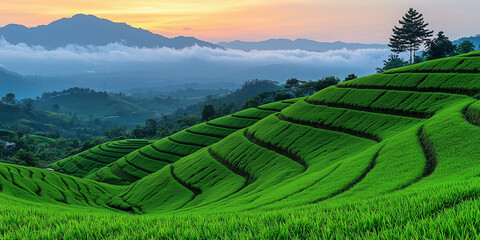 Fototapeta premium Terraced rice fields with lush green crops and distant mountains, with a soft sunrise glow in the sky.