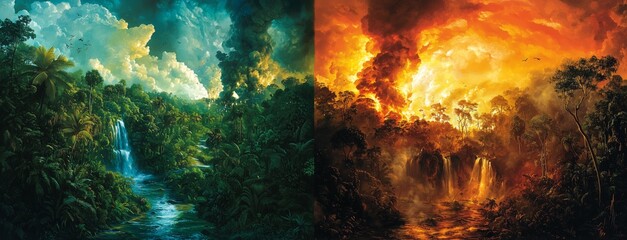 Obraz premium Serene and Fiery Jungle Landscape with Waterfalls and Dramatic Skies